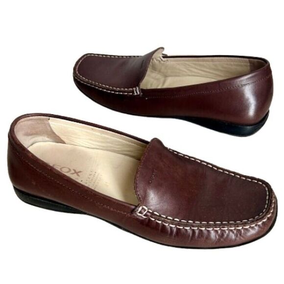 Geox Respira Comfort Shoes Euro 41 Brown Leather Loafers 10 10.5 Square Toe - Picture 1 of 12